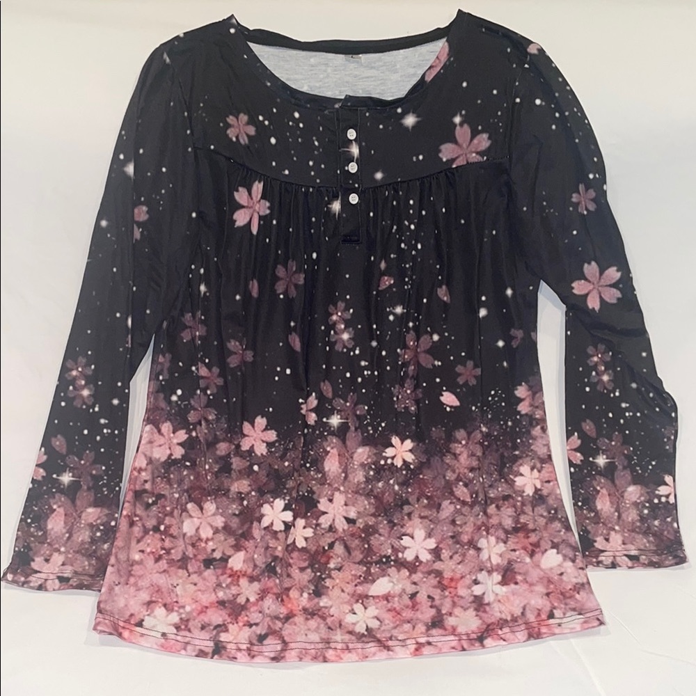 Black and Pink Graphic Long Sleeve Blouse
